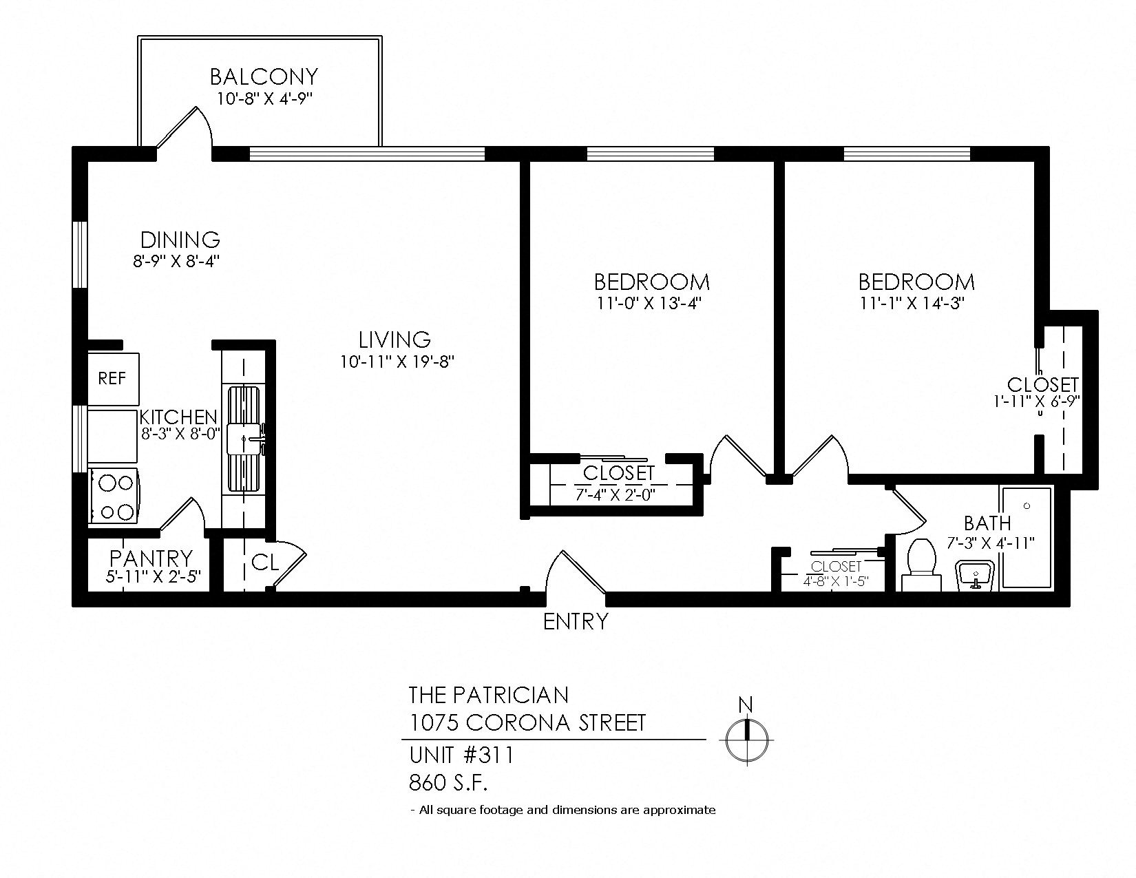 Floor plan for 2 beds, 1 bath, 910 sqft